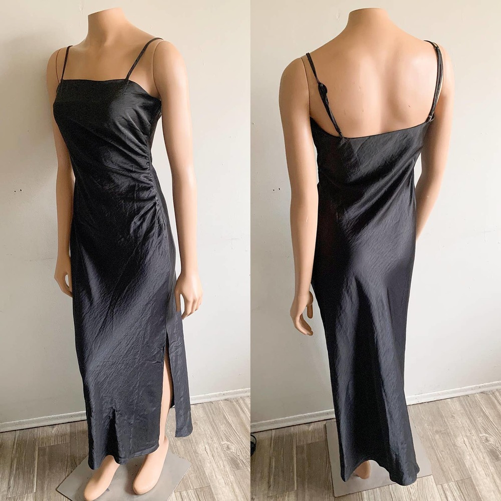 House of Harlow 1960 Black Satin Ruched Maxi Slip Dress $298 Size M Medium